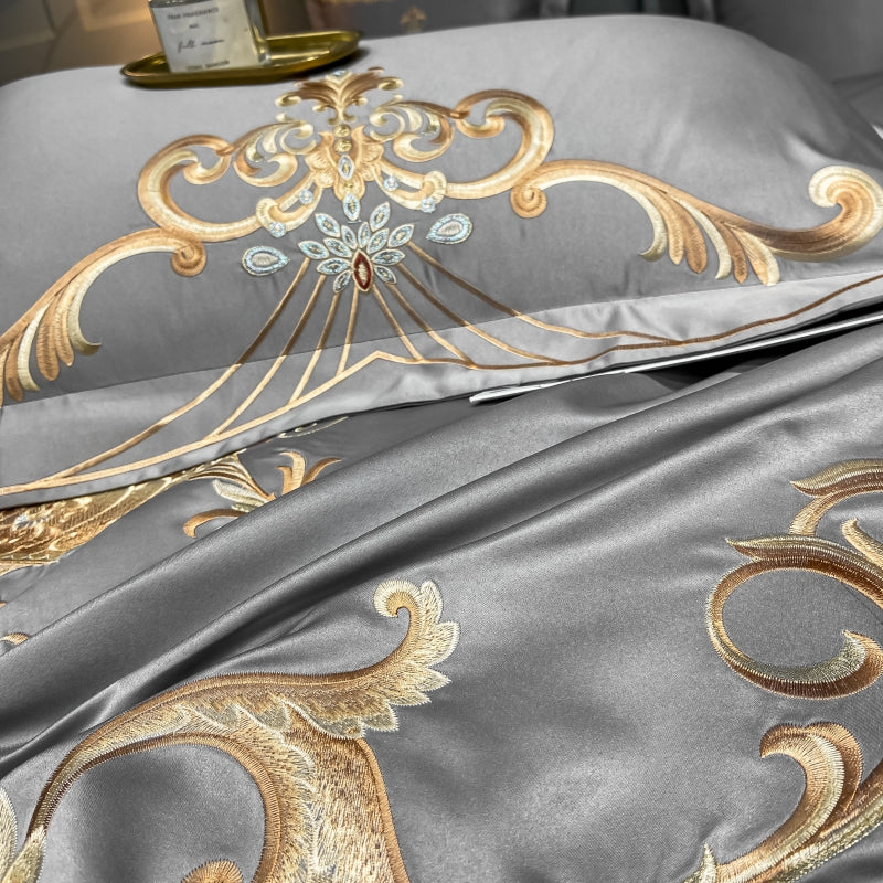 Elmira Grey 600TC Satin Egyptian Cotton Royal Embroidery Duvet Bedding Set - DARIYA HOME