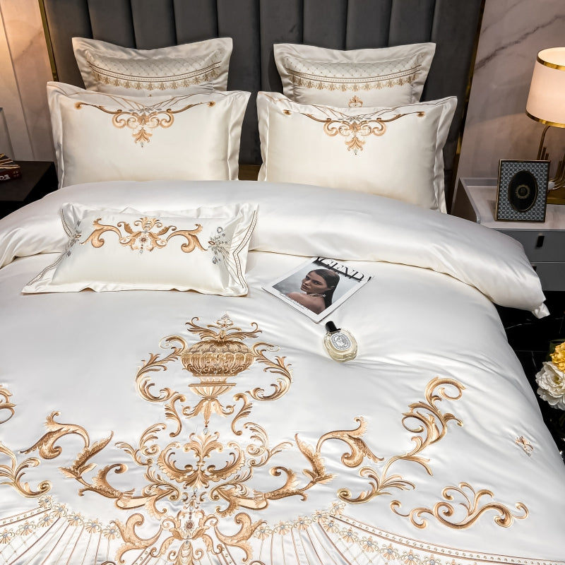 Elmira White Gold 600TC Satin Egyptian Cotton Royal Embroidery Duvet Bedding Set - DARIYA HOME