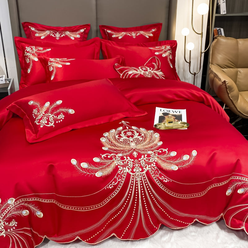 Virginia Red Ribbon Luxury Satin Egyptian Cotton Royal Feather Embroidery Duvet Bedding Set - DARIYA HOME