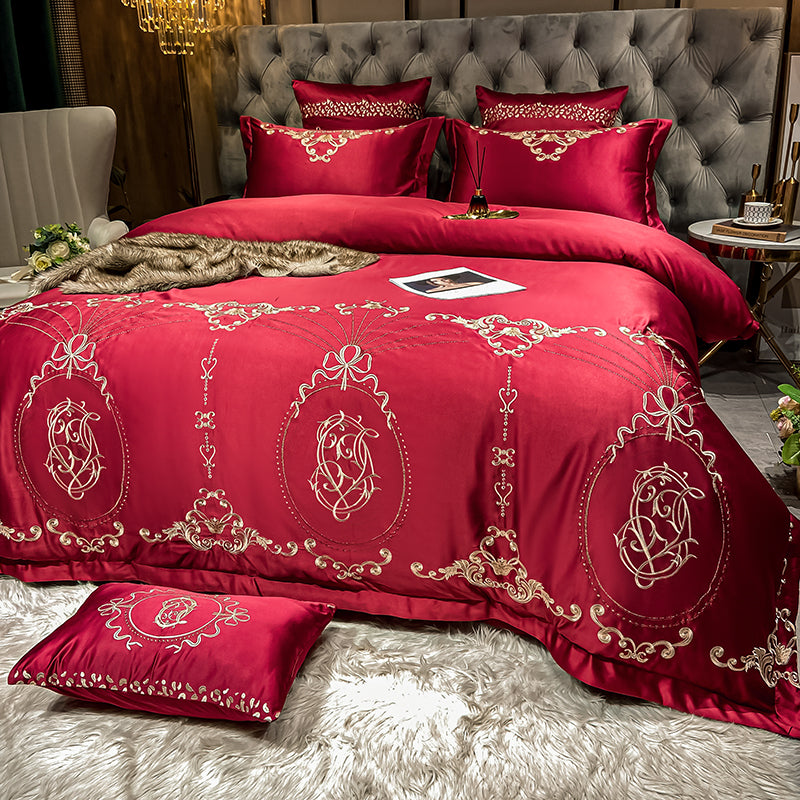 Naomi Cerise Red Luxury 600TC Satin Egyptian Cotton Royal Embroidered Duvet Bedding Set - DARIYA HOME