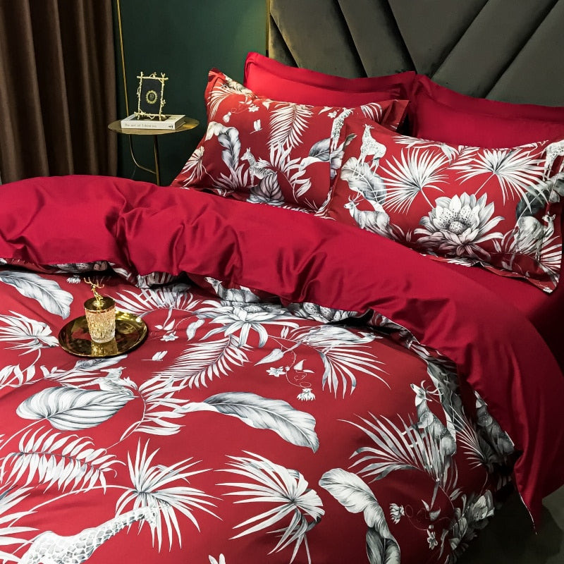 Brigitte Flush Mahogany Floral Design Egyptian Cotton Bedding Set - DARIYA HOME