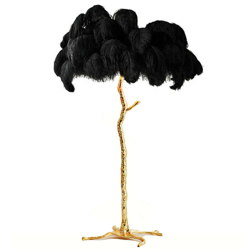 "King of The Jungle" Black Ostrich Feathers Handcrafted Copper Body Decor Floor Table Lamp - DARIYA HOME