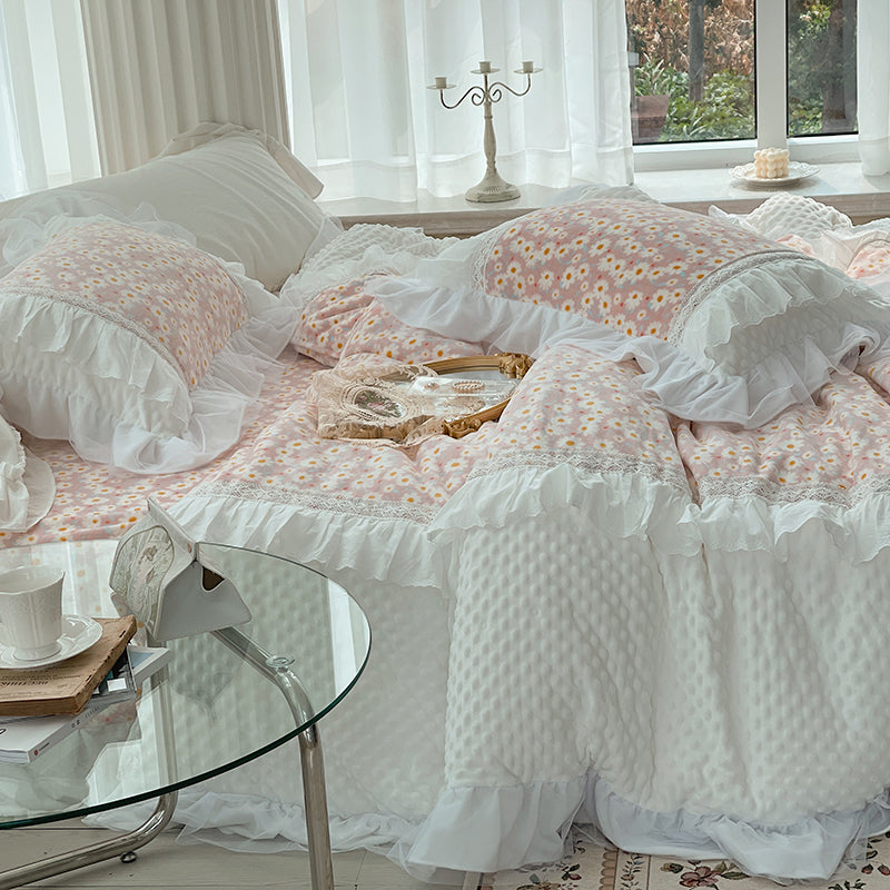 Regina Chamomile Coral Velvet Soft Fleece Floral Bedding Set - DARIYA HOME