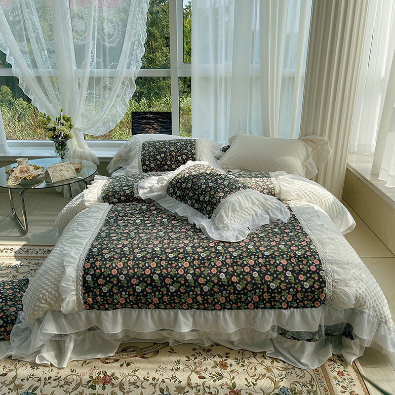 Regina Black Flowers Coral Velvet Soft Fleece Floral Bedding Set - DARIYA HOME