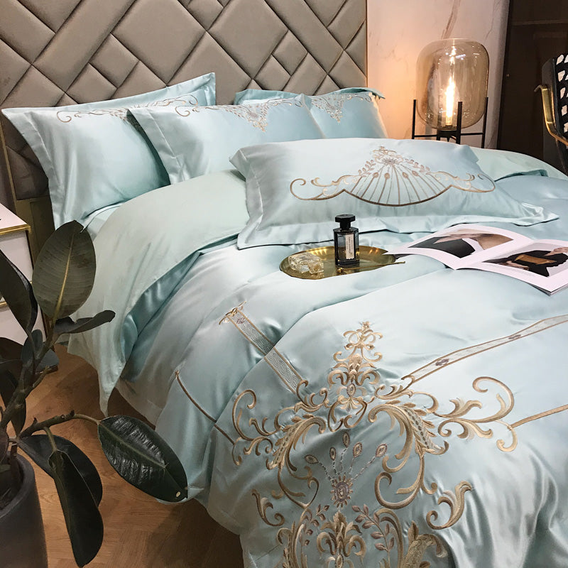 Victoria Blue Smoke Luxury 600TC Satin Egyptian Cotton Royal Embroidery Duvet Bedding Set - DARIYA HOME