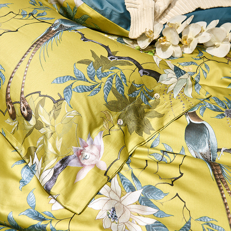 Julia Yellow Bird Floral 600TC Egyptian Cotton Duvet Bedding Set - DARIYA HOME