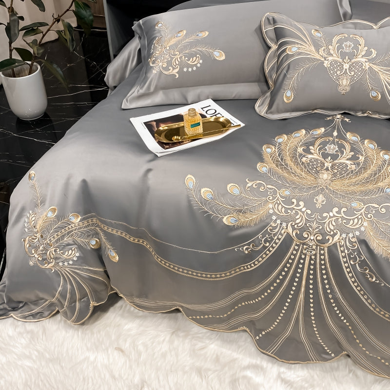 Virginia Dawn Luxury Satin Egyptian Cotton Royal Feather Embroidery Duvet Bedding Set - DARIYA HOME