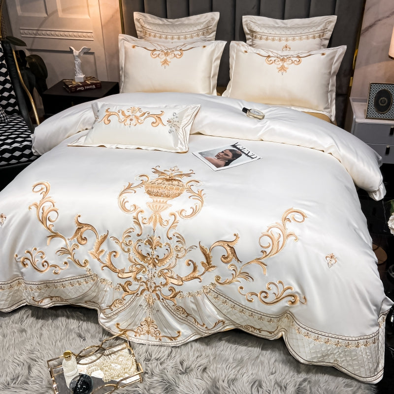 Elmira White Gold 600TC Satin Egyptian Cotton Royal Embroidery Duvet Bedding Set - DARIYA HOME