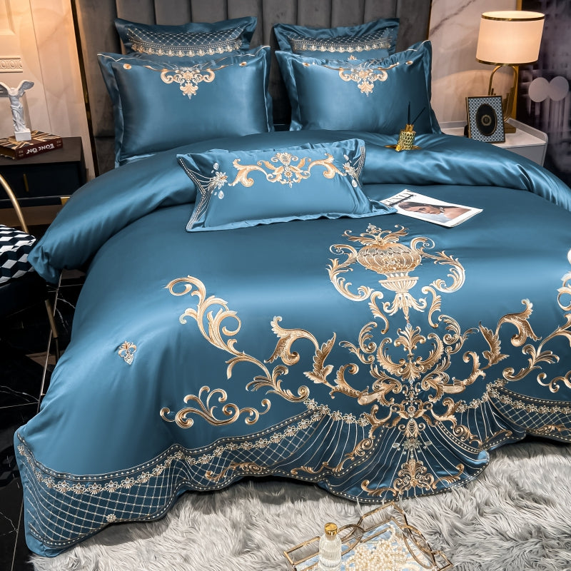 Elmira Blue 600TC Satin Egyptian Cotton Royal Embroidery Duvet Bedding Set - DARIYA HOME