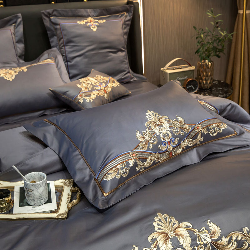 Hadizha Grey Luxury Palace Embroidery Egyptian Cotton Royal Duvet Bedding Set - DARIYA HOME