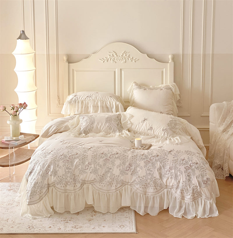 Brugge White Egyptian Cotton Embroidered Duvet Bedding Set - DARIYA HOME