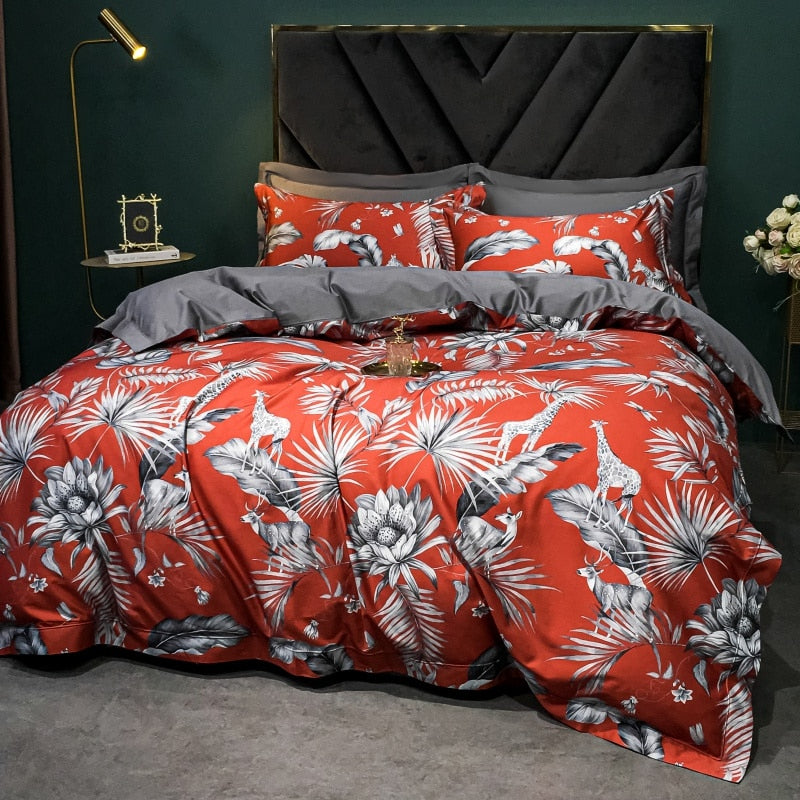 Brigitte Persimmon Floral Design Egyptian Cotton Bedding Set - DARIYA HOME