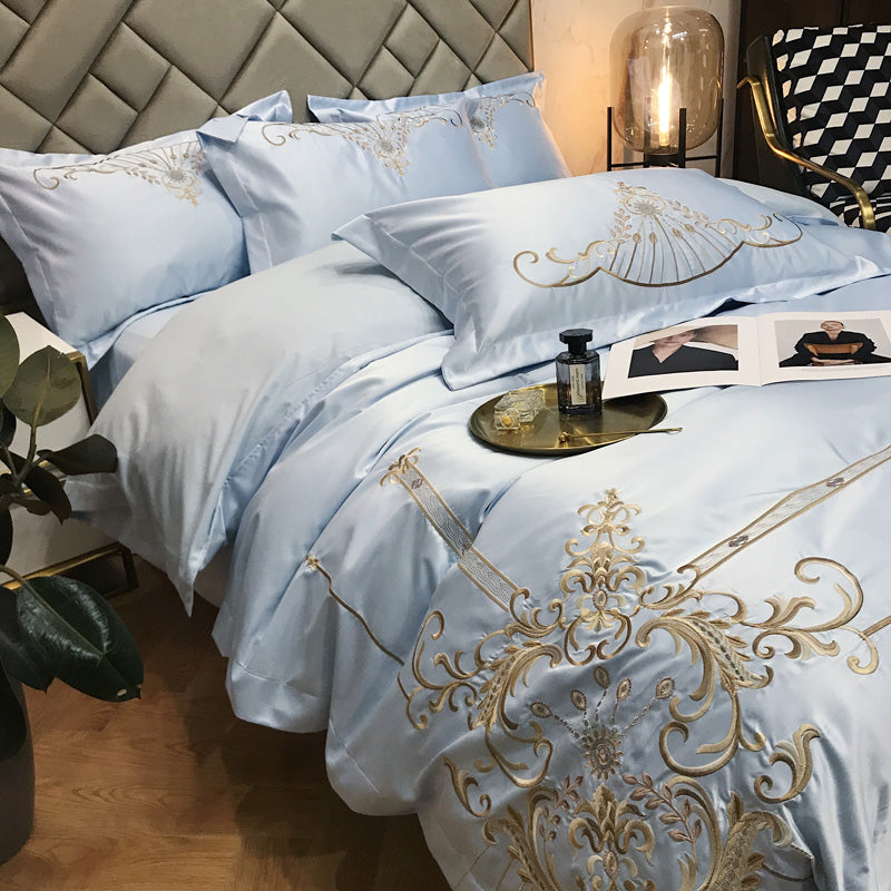 Victoria Ghost Blue Luxury 600TC Satin Egyptian Cotton Royal Embroidery Duvet Bedding Set - DARIYA HOME