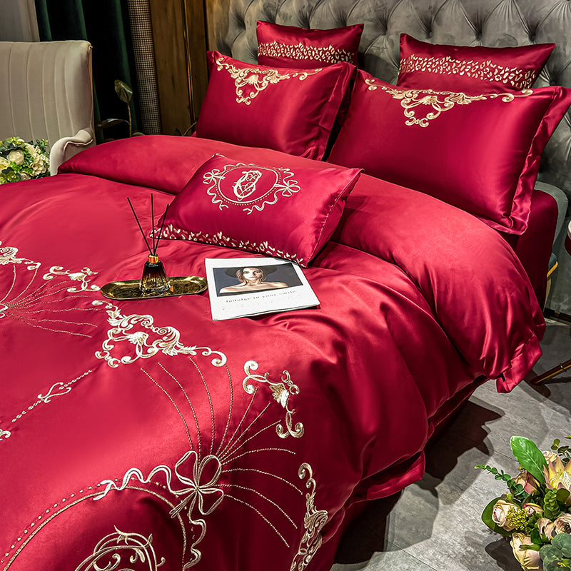 Naomi Cerise Red Luxury 600TC Satin Egyptian Cotton Royal Embroidered Duvet Bedding Set - DARIYA HOME