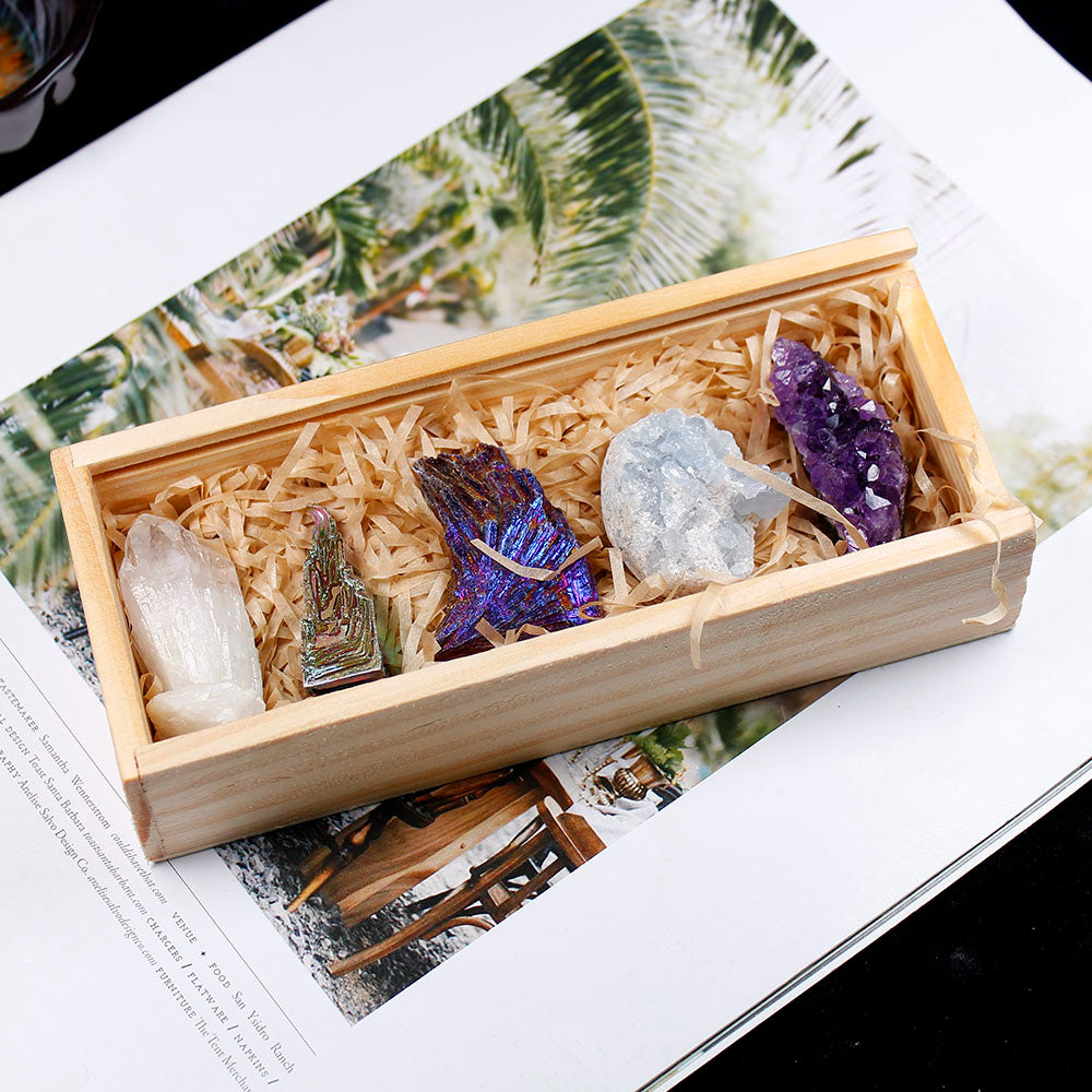 Natural Crystals 5 Pieces Set Home Collection Wooden Box Gift