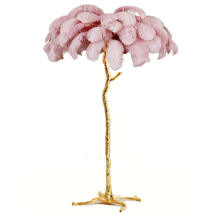 "King of The Jungle" Purple Ostrich Feathers Handcrafted Copper Body Decor Floor Table Lamp - DARIYA HOME