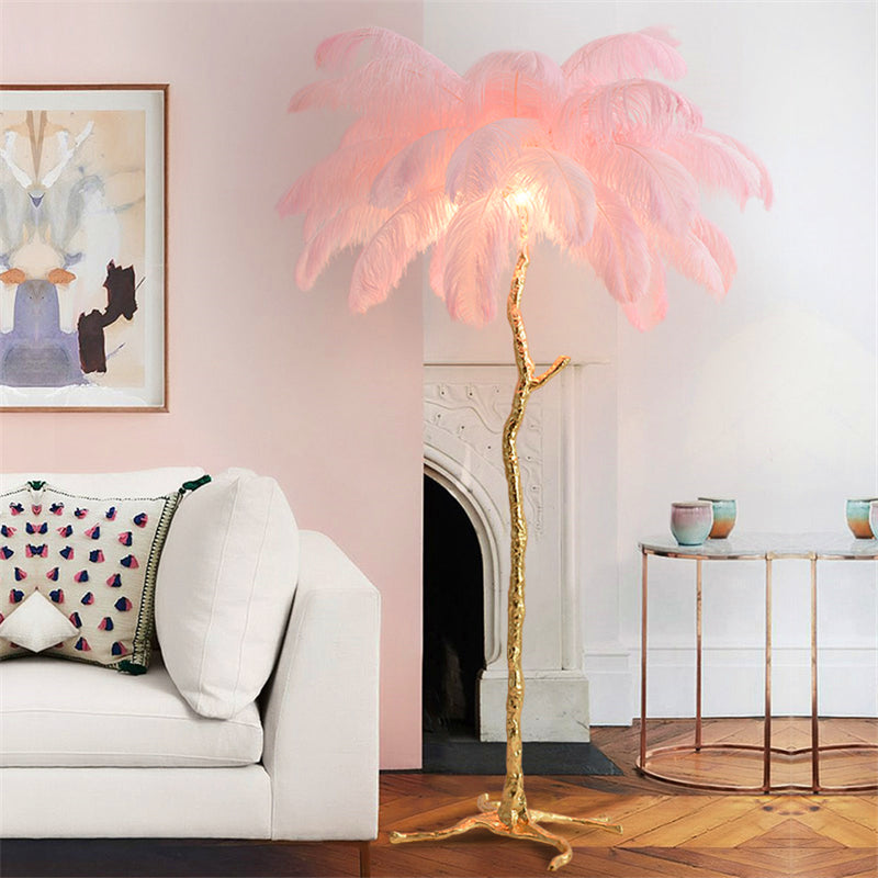 "King of The Jungle" Pink Ostrich Feathers Handcrafted Copper Body Decor Floor Table Lamp - DARIYA HOME