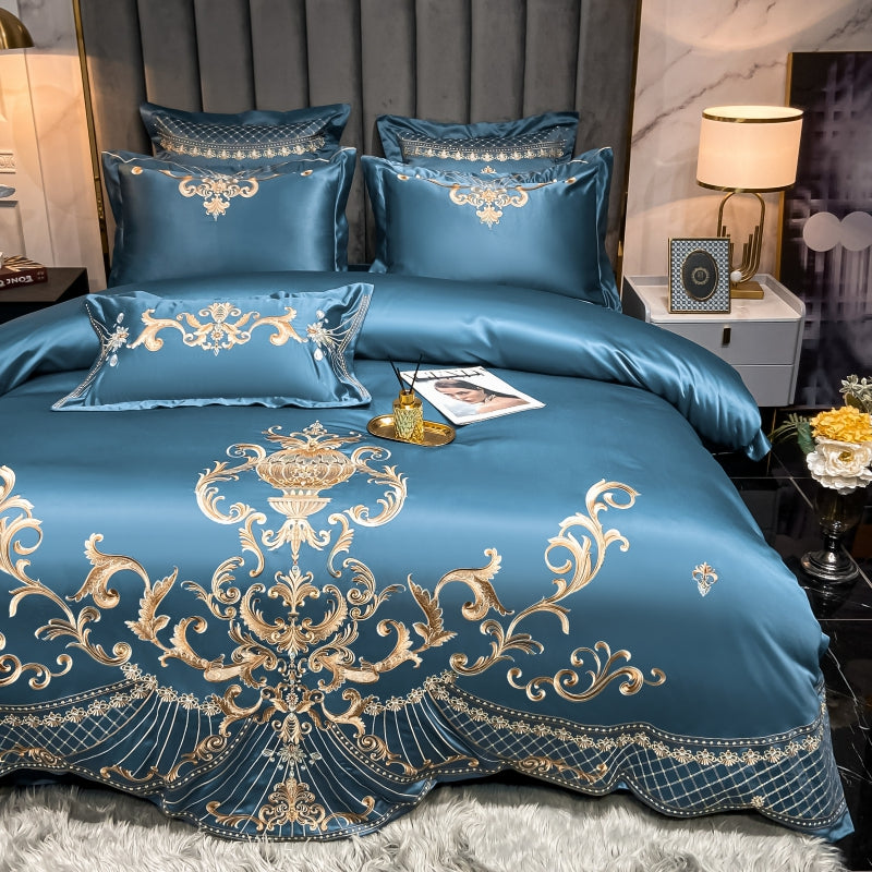 Elmira Blue 600TC Satin Egyptian Cotton Royal Embroidery Duvet Bedding Set - DARIYA HOME