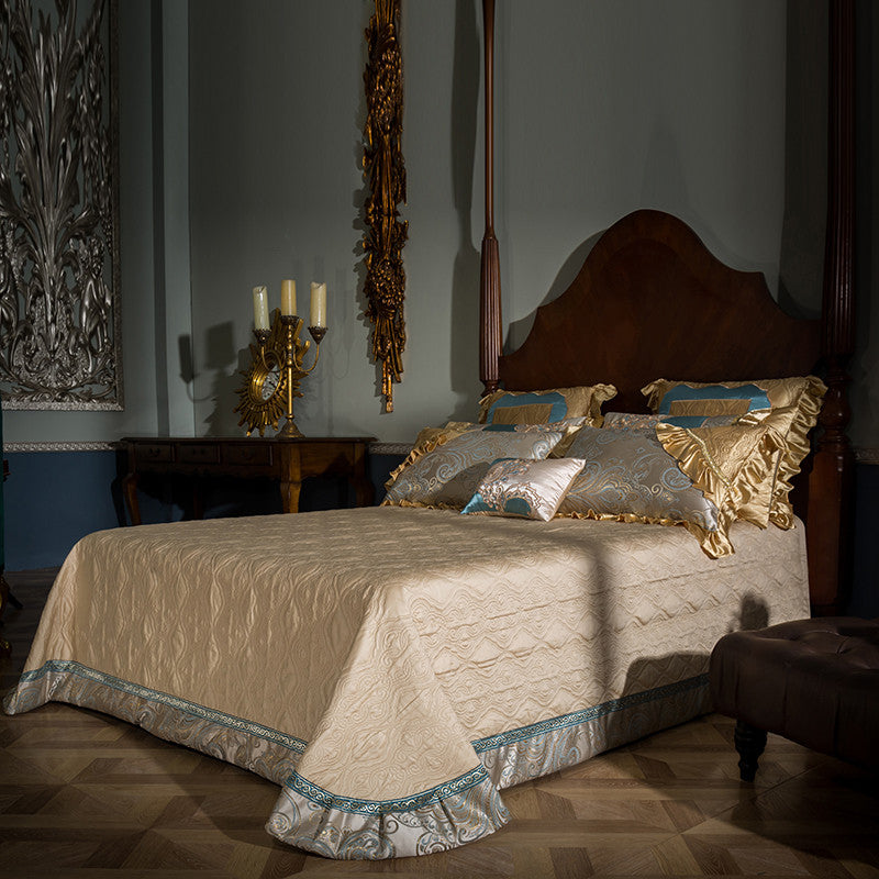 Jacqueline Gold Blue Satin Jacquard Egyptian Cotton Royal Luxury Embroidered Duvet Cover Set - DARIYA HOME