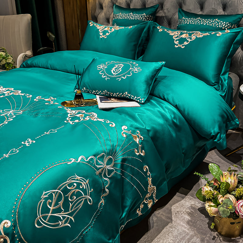 Naomi Persian Green Luxury 600TC Satin Egyptian Cotton Royal Embroidered Duvet Bedding Set - DARIYA HOME