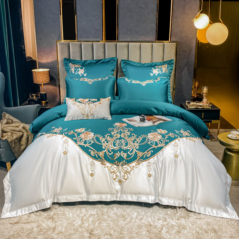 Julieta Deep Sea Green Luxury 600 TC Cotton Flowers Royal Embroidery Duvet Bedding Set - DARIYA HOME