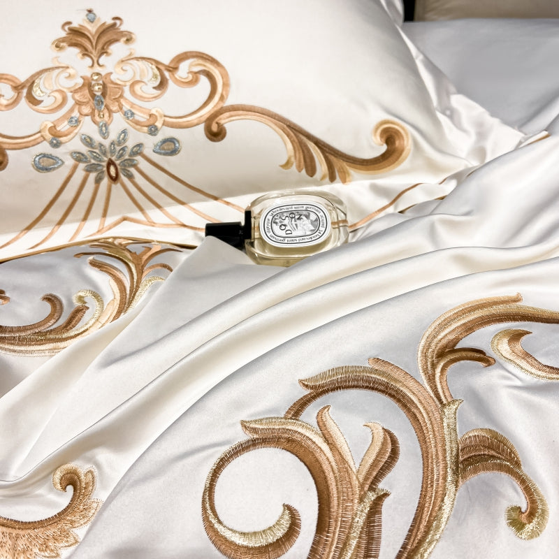 Elmira White Gold 600TC Satin Egyptian Cotton Royal Embroidery Duvet Bedding Set - DARIYA HOME