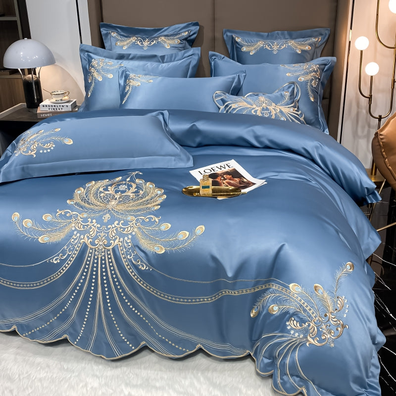 Virginia Blue Luxury Satin Egyptian Cotton Royal Feather Embroidery Duvet Bedding Set - DARIYA HOME