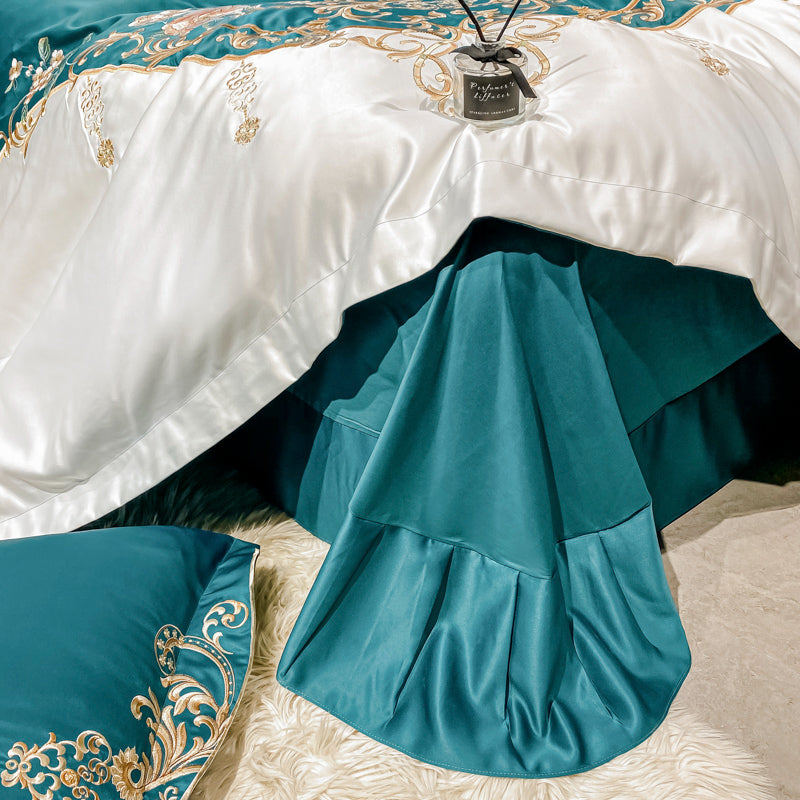 Julieta Deep Sea Green Luxury 600 TC Cotton Flowers Royal Embroidery Duvet Bedding Set - DARIYA HOME