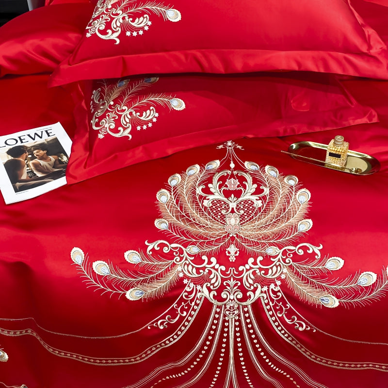 Virginia Red Ribbon Luxury Satin Egyptian Cotton Royal Feather Embroidery Duvet Bedding Set - DARIYA HOME