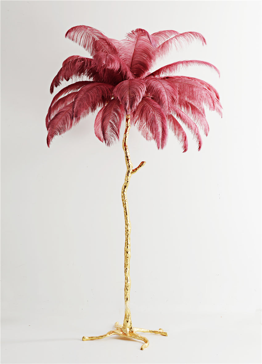 "King of The Jungle" Red Ostrich Feathers Handcrafted Copper Body Decor Floor Table Lamp - DARIYA HOME