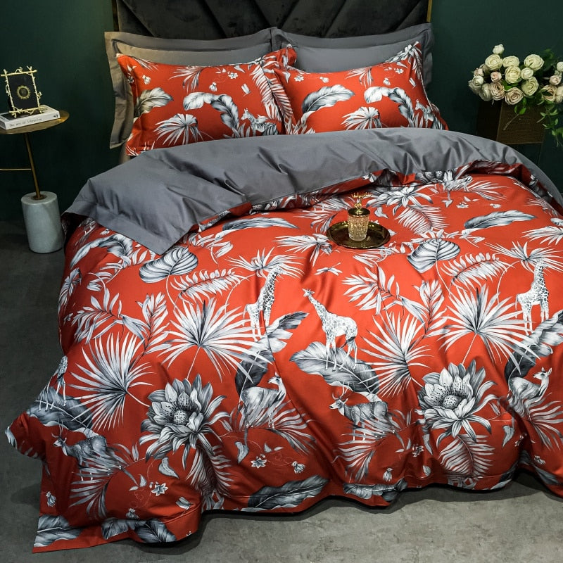 Brigitte Persimmon Floral Design Egyptian Cotton Bedding Set - DARIYA HOME