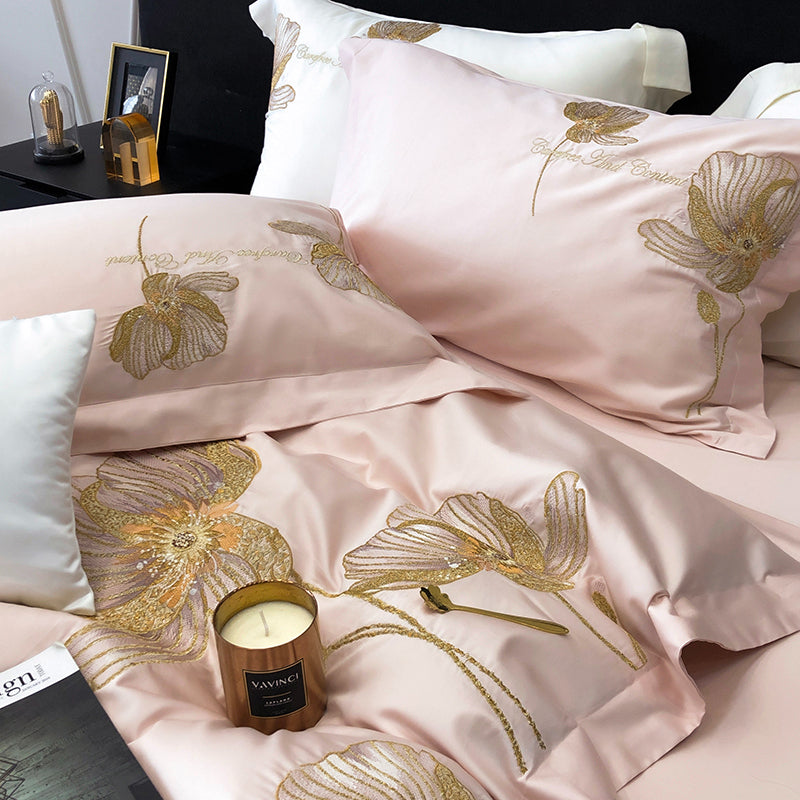 Brigitte Flora Pink Egyptian Cotton Luxury Embroidered Bedding Set - DARIYA HOME