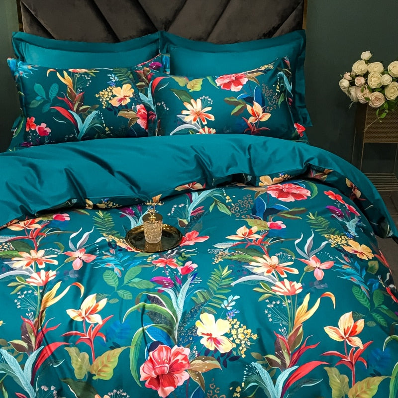 Brigitte Blue Lagoon Floral Design Egyptian Cotton Bedding Set - DARIYA HOME