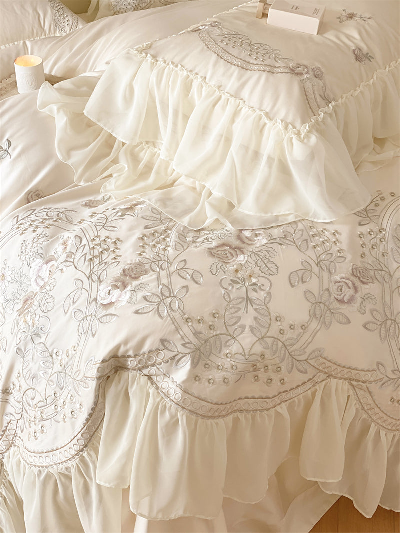 Brugge White Egyptian Cotton Embroidered Duvet Bedding Set - DARIYA HOME