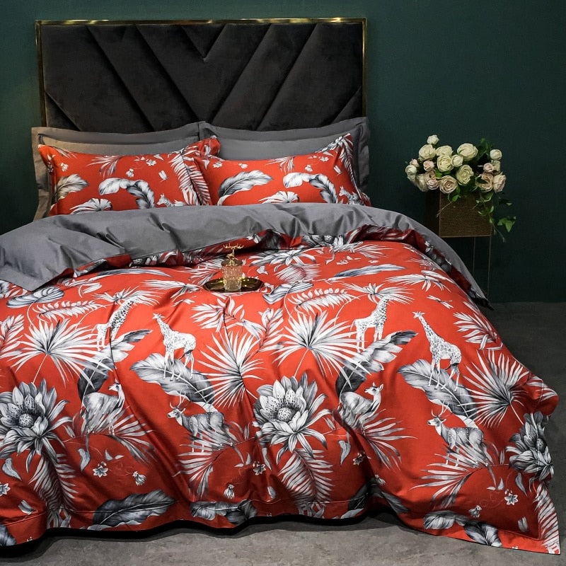 Brigitte Persimmon Floral Design Egyptian Cotton Bedding Set - DARIYA HOME