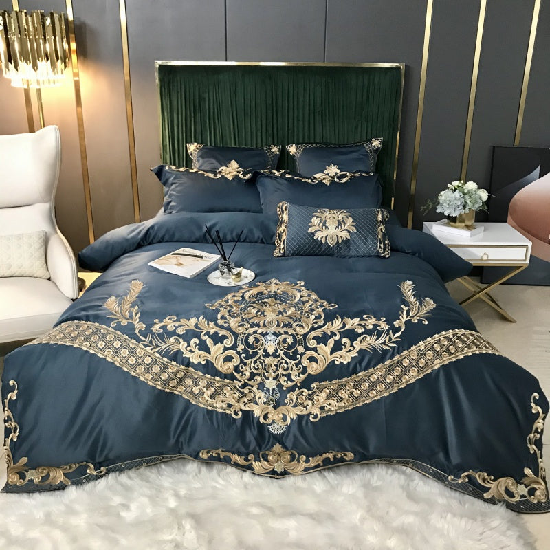 Alyssa Blue Bayoux Satin Jacquard Egyptian Cotton Embroidered Royal Duvet Bedding Set - DARIYA HOME