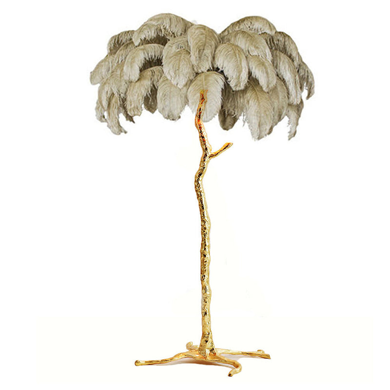 "King of The Jungle" Khaki Ostrich Feathers Handcrafted Copper Body Decor Floor Table Lamp - DARIYA HOME