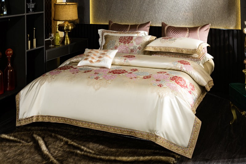 Amelie Pearl Flowers Luxury 1200TC Egyptian Cotton Royal Embroidered Duvet Cover Set - DARIYA HOME