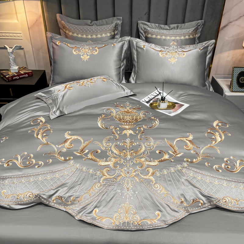 Elmira Grey 600TC Satin Egyptian Cotton Royal Embroidery Duvet Bedding Set - DARIYA HOME