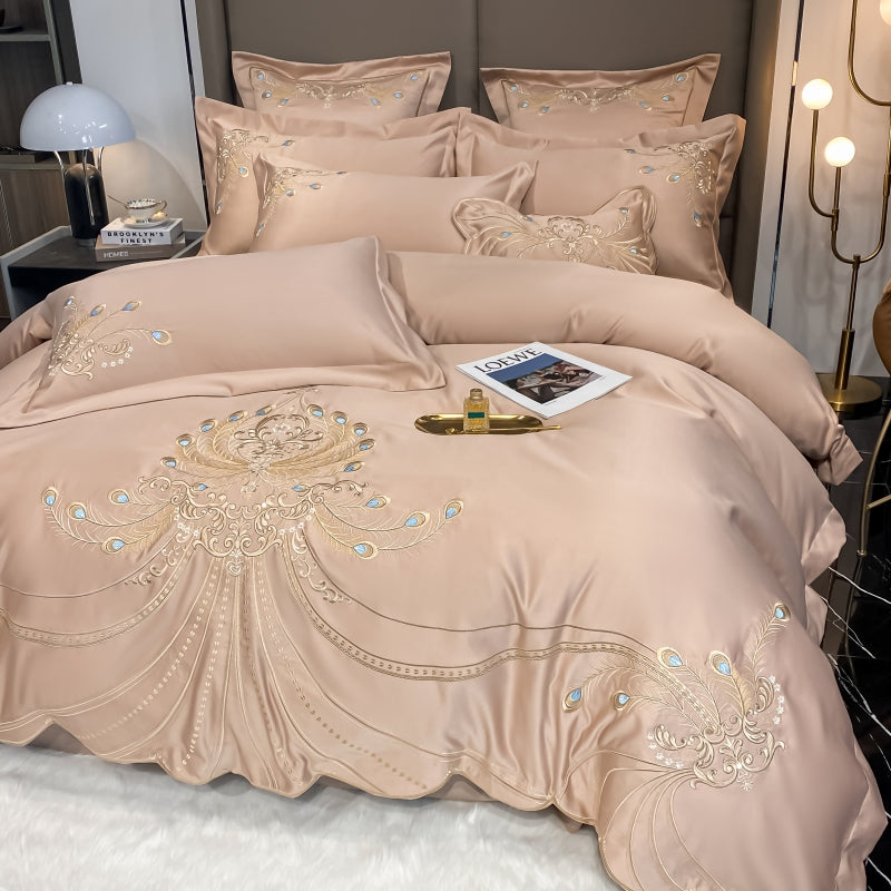 Virginia Almond Luxury Satin Egyptian Cotton Royal Feather Embroidery Duvet Bedding Set - DARIYA HOME