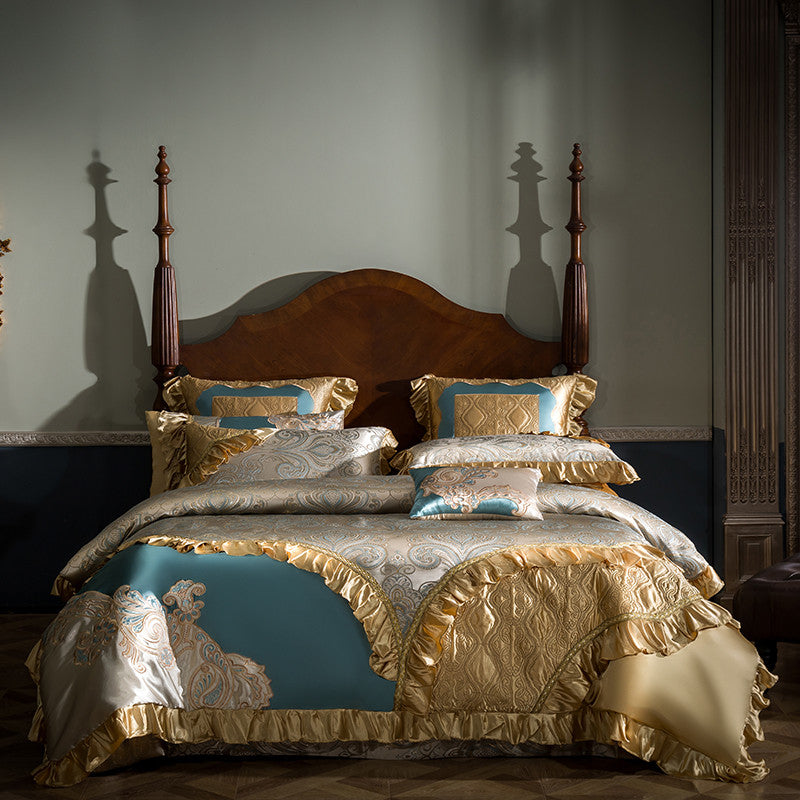 Jacqueline Gold Blue Satin Jacquard Egyptian Cotton Royal Luxury Embroidered Duvet Cover Set - DARIYA HOME