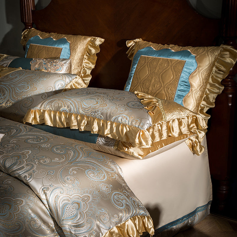 Jacqueline Gold Blue Satin Jacquard Egyptian Cotton Royal Luxury Embroidered Duvet Cover Set - DARIYA HOME