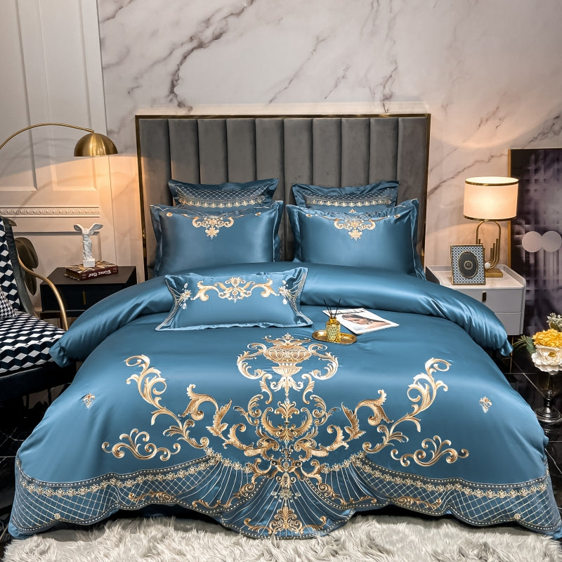 Elmira Blue 600TC Satin Egyptian Cotton Royal Embroidery Duvet Bedding Set - DARIYA HOME