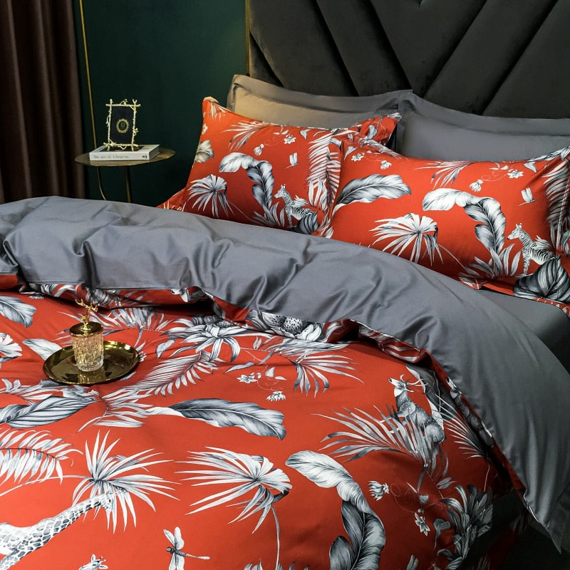 Brigitte Persimmon Floral Design Egyptian Cotton Bedding Set - DARIYA HOME