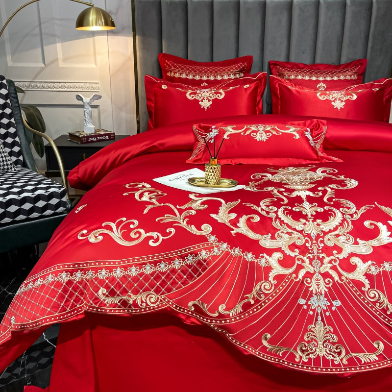 Elmira Red Luxury 600TC Satin Egyptian Cotton Royal Embroidery Duvet Bedding Set - DARIYA HOME