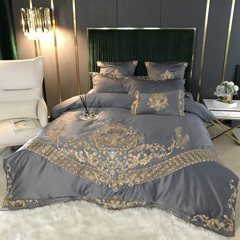 Alyssa Black Satin Jacquard Egyptian Cotton Embroidered Royal Duvet Bedding Set - DARIYA HOME