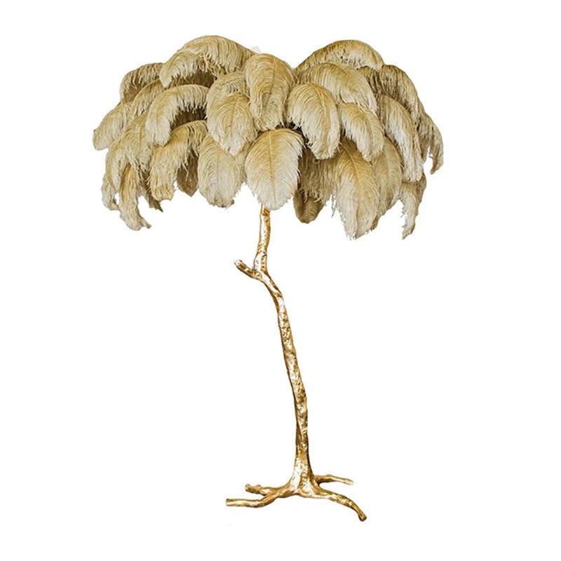 "King of The Jungle" Khaki Ostrich Feathers Handcrafted Copper Body Decor Floor Table Lamp - DARIYA HOME