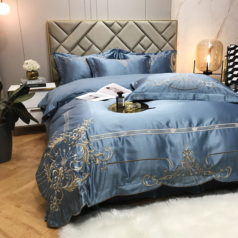 Victoria Dark Blue Luxury 600TC Satin Egyptian Cotton Royal Embroidery Duvet Bedding Set - DARIYA HOME