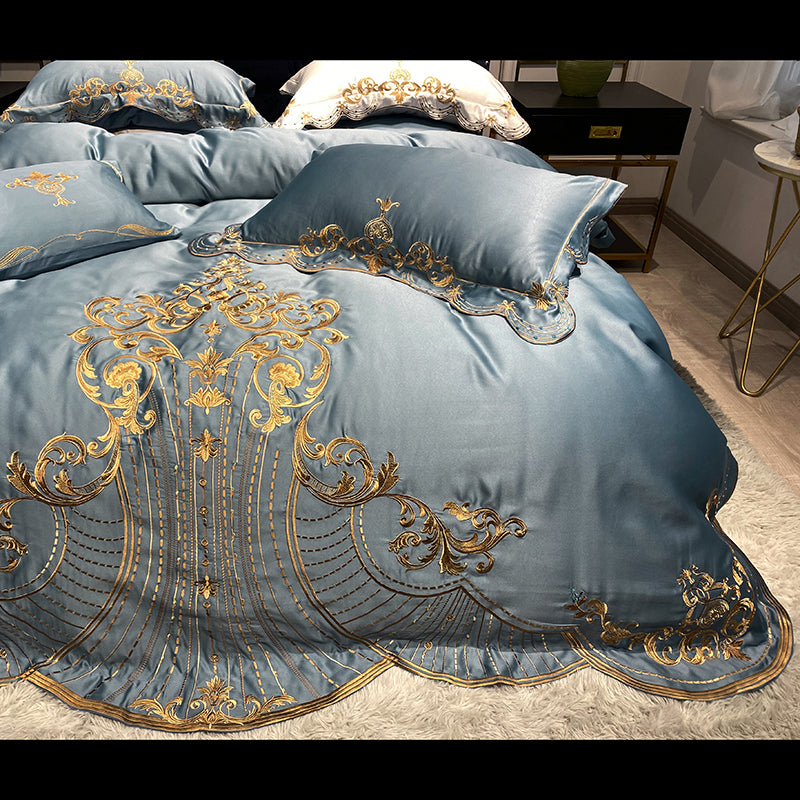 Lucia Pale Sky Royal Luxury Soft Satin Egyptian Cotton Royal Embroidery Duvet Bedding Set - DARIYA HOME