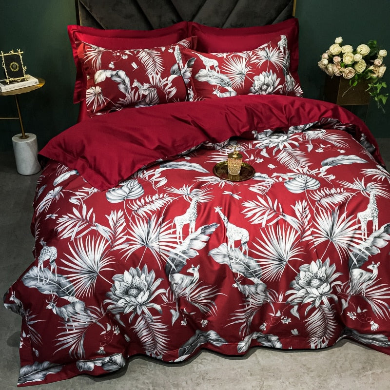 Brigitte Flush Mahogany Floral Design Egyptian Cotton Bedding Set - DARIYA HOME